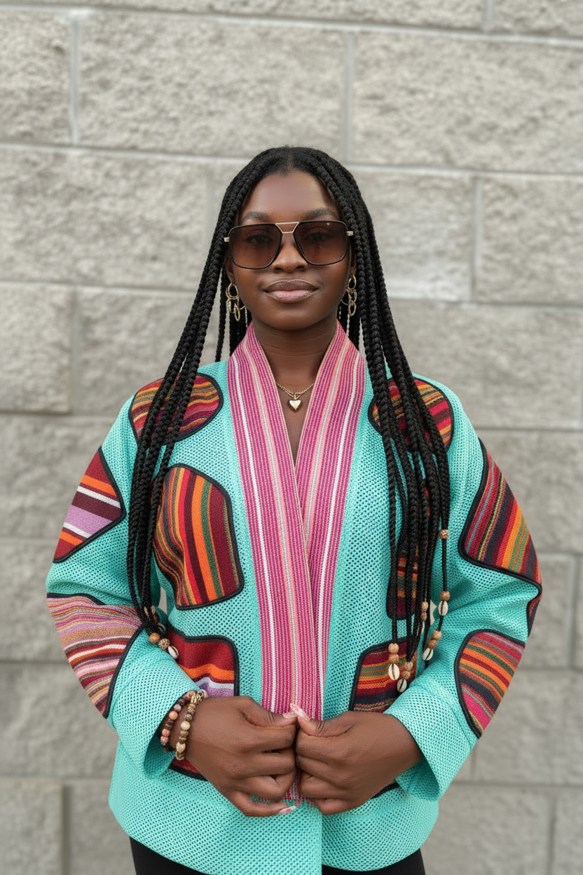 Afro Fusion Jacket - Turquoise with Hot Pink Collar