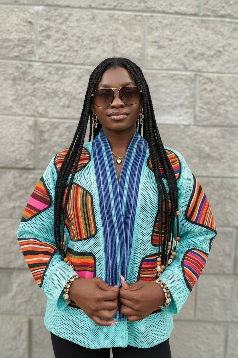 Afro Fusion Jacket - Aqua Blue with Royal Blue, Gold & Dark Purple Collar
