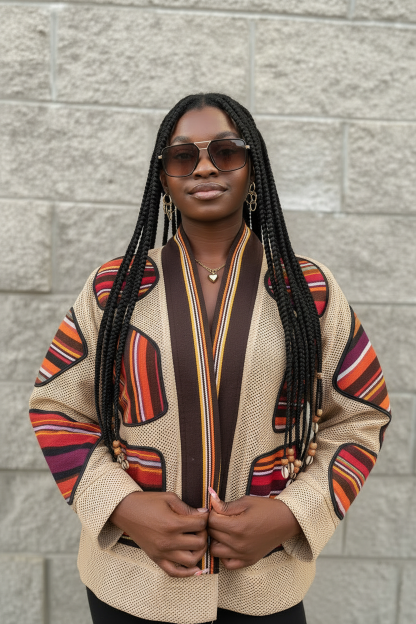 Afro Fusion Jacket - Beige, Army Green Patches